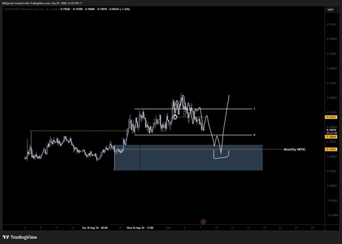 A TradingView chart for $CASHCAT/USDT (cashcat) on Binance shows price holding above a blue demand zone near 0.1420 and an “Monthly NPOC” level around 0.14485, with a marked possible downward dip and rebound. The setup illustrates the post’s message that bids remain at demand while price may first move opposite to expectations.