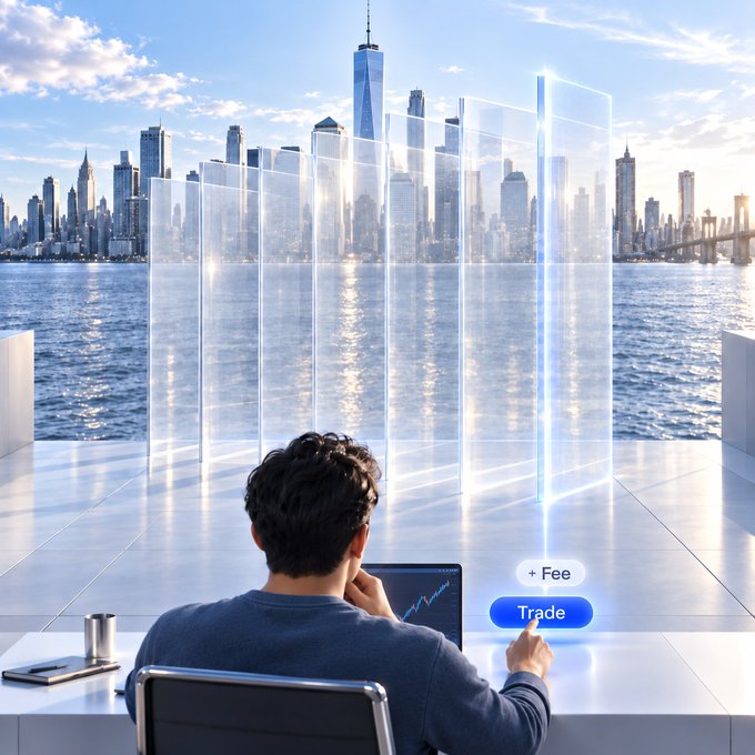 A man sits at a sleek desk overlooking a city skyline across water, contemplating a trading chart on his laptop as a glowing blue "Trade" button hovers beside a "+ Fee" label, visually highlighting the accumulating transaction costs that the post critiques—aligning with the message that MEXC's TradFi platform offers zero-fee trading.
