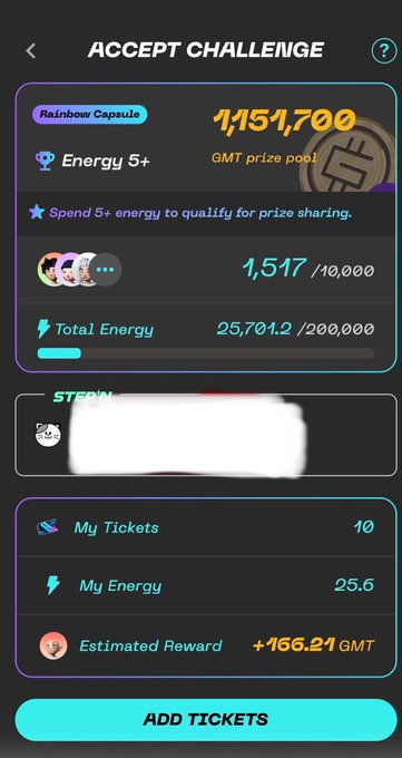 A mobile app screen titled 'ACCEPT CHALLENGE' for a 'Rainbow Capsule' showing an 'Energy 5+' requirement with a GMT prize pool of 1,151,700, 1,517/10,000 entries, and an option to 'ADD TICKETS' with an estimated reward of +166.21 GMT.