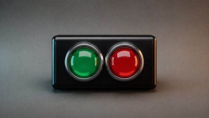 A rectangular black device with two large metallic-rimmed buttons, one glowing green and the other red, sits on a neutral gray surface.