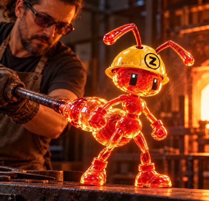 An artistic digital image depicting a glassblower working on a translucent red robot figurine wearing a yellow hard hat marked with 'Z', set in a fiery workshop.