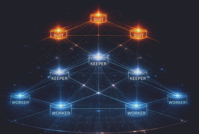 A network diagram showing three SUIT nodes connected to KEEPER nodes, which connect to WORKER nodes, displayed against a dark cosmic background.