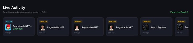 Live Activity feed showing real-time marketplace movements on BCH (Bitcoin Cash), including a Regrettable NFT listed at 0.006 BCH and multiple 'Regrettable NFT' and 'Sword Fighters' items marked as minted.