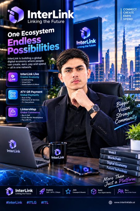 An advertisement for “InterLink” presents a man at a desk with blockchain and digital-economy graphics; visible text includes “One Ecosystem Endless Possibilities,” “InterLink.Live,” “ATV QR Payment,” “LinkersMap,” and “Bigger Vision Stronger Community.”