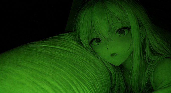 An anime-style illustration of a girl with long hair, rendered in green monochrome, resting her head on a pillow.
