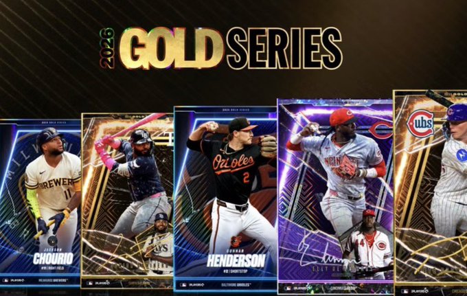 A '2026 GOLD SERIES' promotional display featuring five baseball card designs, including Jackson Chourio, Gunnar Henderson, and Elly De La Cruz from teams like the Brewers, Orioles, and Reds.