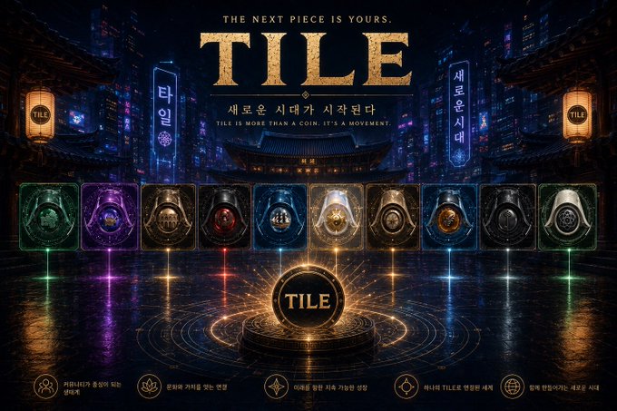 A promotional banner for 'TILE' featuring the tagline 'THE NEXT PIECE IS YOURS' and 'TILE IS MORE THAN A COIN; IT'S A MOVEMENT,' showcasing a row of medallion-style coins against a neon-lit futuristic Korean street scene.