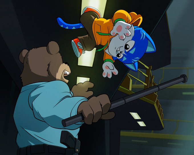 A cartoon scene showing a bear character in a blue shirt holding a baton, looking up at a blue cat-like character in an orange hoodie that appears to be falling or hanging.