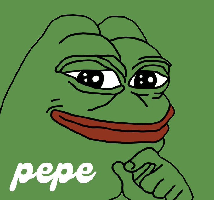 An illustration of the Pepe the Frog internet meme character with a contemplative expression, featuring the text 'pepe' in a stylized font against a green background.
