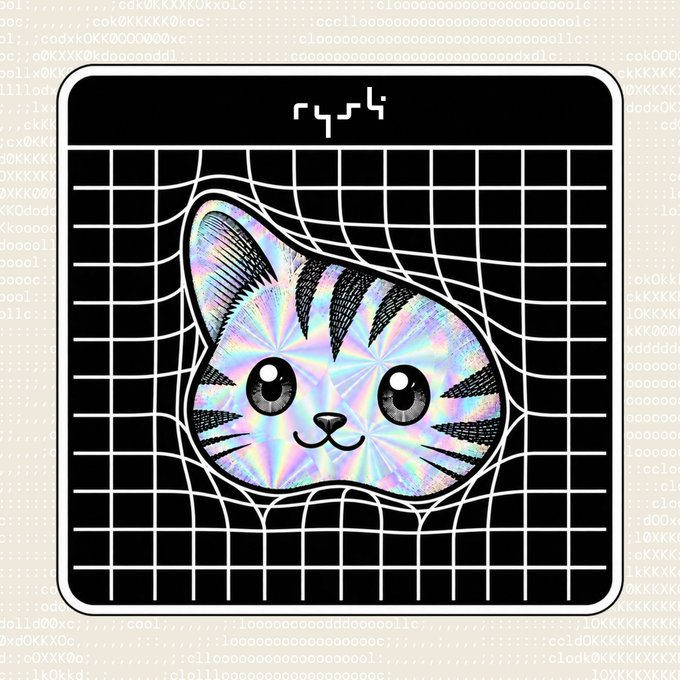 A stylized digital illustration of a smiling cat face with a holographic, iridescent pattern inside, set against a black background with a white grid and pixelated text border.