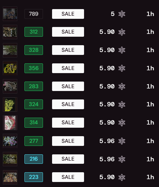 A list of items for sale, likely NFT collectibles, shows prices around 5.90-5.96, ending in '1h', with various numbers and thumbnail images on a dark background.