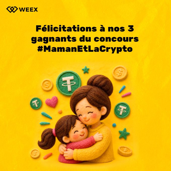 The image features a cartoon depiction of a mother hugging her daughter, surrounded by various coins and other objects. The text above the illustration reads "Felicitations aussi 3 gagnants du convours Maman Et La Cryptto". This message is written in French, which indicates that it was created for a French audience. The image also includes a post on social media with the caption "Your moms are officially the greatest Risk Managers in the history of Web3. Between stress management and nighttime anti-FOMO tactics, you absolutely delighted the community!".