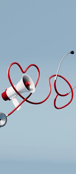 A 3D illustration against a light blue background showing a white megaphone intertwined with a red heart-shaped wire, connected to a stethoscope.