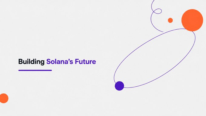 A minimalist graphic design with text 'Building Solana's Future' alongside an abstract purple orbital line and orange and purple circular accents on a light background.