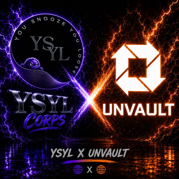 Promotional graphic featuring 'YSYL CORPS' with a crescent moon and creature logo on the left, and 'UNVAULT' with a geometric S logo on the right, separated by an X between purple and orange lightning effects, captioned 'YSYL x UNVAULT' at the bottom.