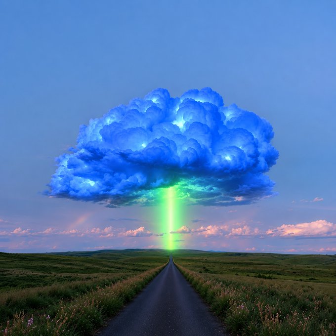 A massive blue cloud hovers over an empty countryside road, emitting a glowing green beam downward. The image plays into the post's teaser about a mysterious "coin," using the dramatic weather-like phenomenon as a visual riddle suggesting an unidentified crypto token rather than an actual storm.