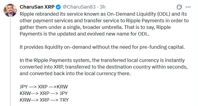 A tweet from CharuSan XRP (@CharuSan83) explaining that Ripple rebranded On-Demand Liquidity (ODL) to Ripple Payments, with examples of currency conversion routes like JPY → XRP → KRW.