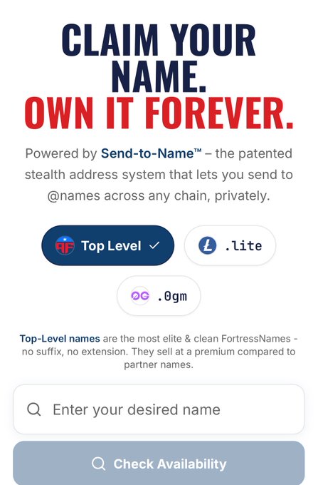 A mobile app interface advertisement reading 'CLAIM YOUR NAME. OWN IT FOREVER.' powered by Send-to-Name, showing options for 'Top Level', '.lite', and '.0gm' names with a search bar.