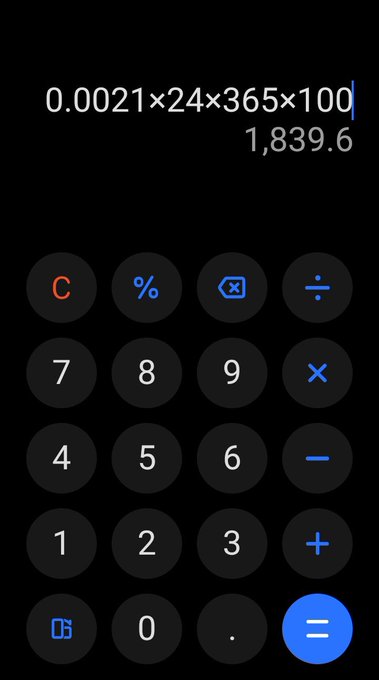 A smartphone calculator displays the expression "0.0021×24×365×100" equaling 1,839.6, illustrating the slow rate of Pi cryptocurrency accumulation over 100 years as referenced in the post about Pi's scarcity.