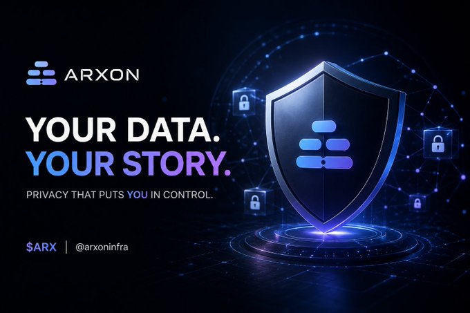 The image is a promotional graphic for ARXON ($ARX), featuring a glowing blue shield with padlock icons against a dark digital background, alongside the text "YOUR DATA. YOUR STORY." and "PRIVACY THAT PUTS YOU IN CONTROL." It visually reinforces the post's message about blockchain privacy by symbolizing the protection of sensitive wallet data from public exposure.