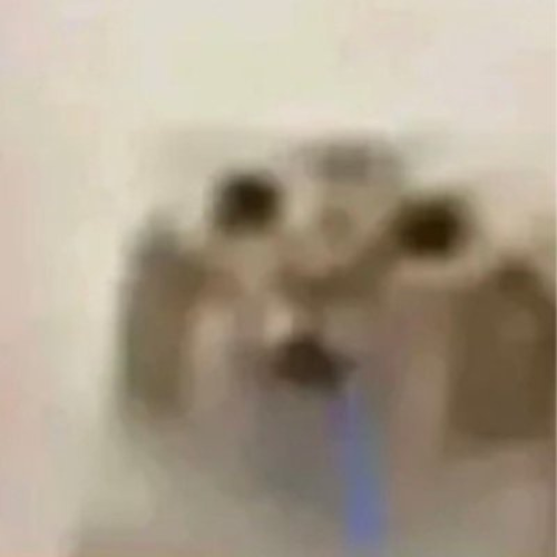 A blurry, low-resolution photo showing what appears to be three figures with dark shapes resembling eyes, possibly a meme or distorted image.