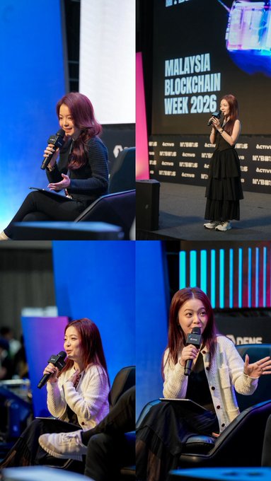 A four-image collage showing a woman speaking at the 'Malaysia Blockchain Week 2026' event in different outfits and poses, holding a microphone on stage.