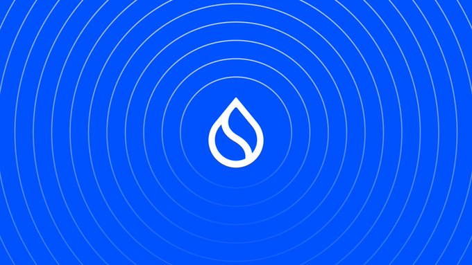 The image features the Sui (SUI) logo—a stylized white water droplet with an "S" curve inside—centered on a blue background with white concentric circles radiating outward, visually emphasizing the network's expanding reach. This complements the announcement of Coinbase enabling direct SUI staking, reinforcing themes of accessibility, simplicity, and growing adoption.