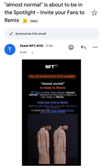 An email screenshot from 'Team NFT.NYC' announcing that an artwork titled 'almost normal' is ready to Remix, featuring an image of two headless figures in pink dresses.