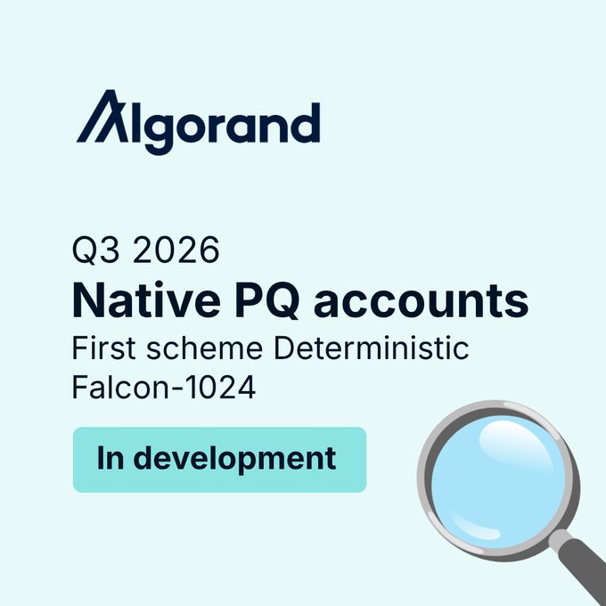 Algorand logo graphic announcing "Q3 2026 Native PQ accounts — First scheme Deterministic Falcon-1024" marked "In development," visually representing the first milestone in the post-quantum roadmap toward quantum resilience by 2027.