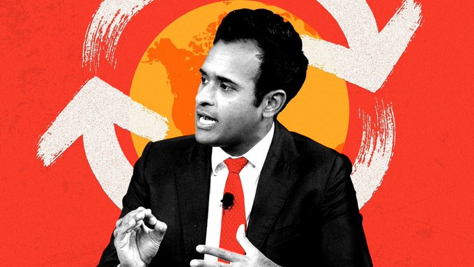 The image features Vivek Ramaswamy in a black and white photo wearing a suit and red tie, set against a red and orange background with a globe and circular arrows symbolizing global commerce or movement. The graphic illustrates the accompanying post about Strive, Ramaswamy's company, acquiring 21 $BTC worth $1.3 million, bringing its total holdings to 19,921 bitcoin.