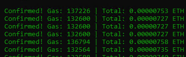 The image shows terminal logs of multiple confirmed Ethereum transactions (gas ~132,500–136,800, totaling ~0.00000727–0.00000758 ETH each), illustrating the batch minting activity referenced in the post about executing 200+ Free Goat Street FCFS WL mints and additional guaranteed WL allocations via the MNTD Bot.
