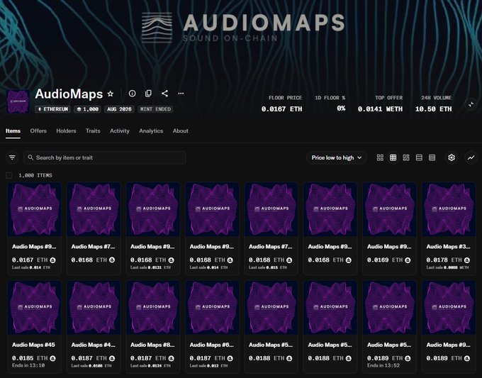 The image shows an OpenSea-style marketplace page for the "AudioMaps" NFT collection, displaying 1,000 items priced around 0.0167-0.0188 ETH with a 10.50 ETH 24H volume and 0% floor change. The collection appears to have already minted ended (August 2026), suggesting this is the platform where TTA community members secured their GTD and FCFS mint spots referenced in the post.