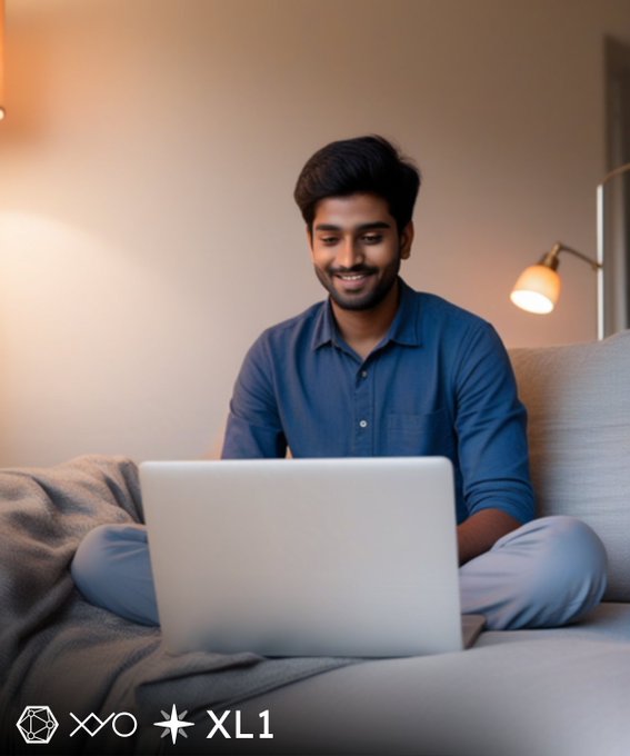 A young man in a blue shirt sits cross-legged on a bed, smiling while using a silver laptop in a warmly lit room with a lamp, with 'XXO XL1' branding at the bottom.
