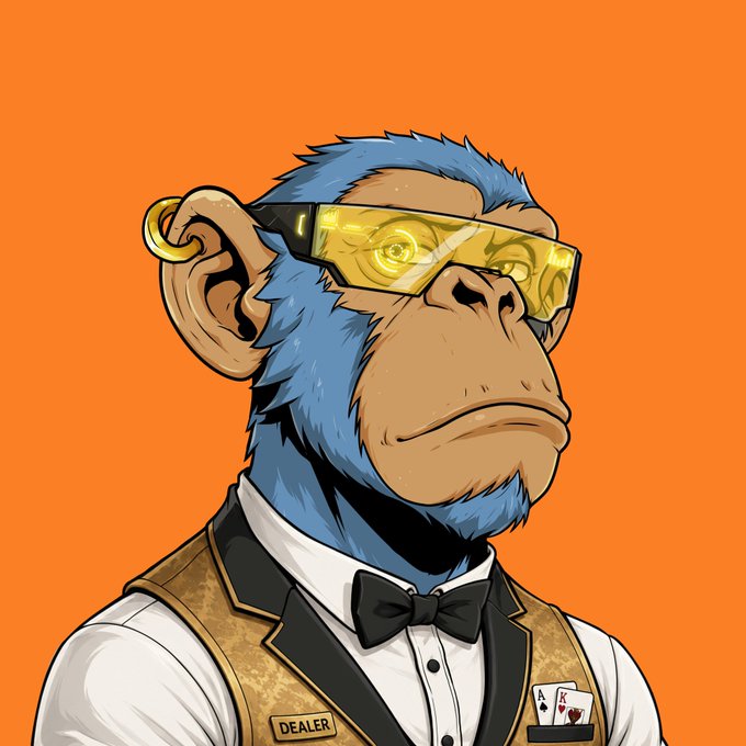 A cartoon monkey wearing futuristic yellow visor glasses and a tuxedo vest labeled "DEALER," with playing cards (Ace and King) tucked into its pocket, is set against a bright orange background. The image serves as promotional artwork for a giveaway by Suited Ape Society, highlighting the "Dealer" character with a Bitcoin-inspired background to represent the poker and mining themes mentioned in the post.
