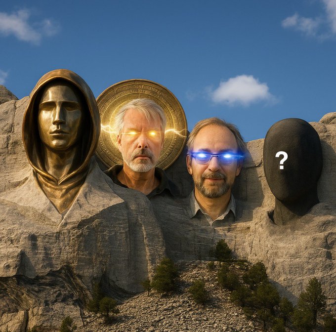 The image is a parody of Mount Rushmore, featuring four large sculpted heads carved into a rocky mountainside under a partly cloudy blue sky. From left to right, the first face is a golden hooded statue representing the mysterious Bitcoin creator Satoshi Nakamoto, the second is a real man's face with a golden halo and glowing yellow eyes representing Hal Finney, and the third is another real man's face with glowing blue eyes representing Michael Saylor, while the fourth sculpted head remains a featureless black silhouette with a white question mark on it. This visual cleverly illustrates the accompanying post's prompt asking viewers to complete the "Bitcoin Mount Rushmore" by suggesting a fourth influential figure to add alongside the iconic trio.