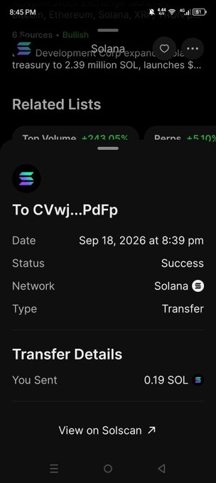 A mobile screenshot of a cryptocurrency transaction confirmation showing a successful transfer of '0.19 SOL' on the Solana network dated 'Sep 18, 2026 at 8:39 pm', with a news snippet above about Solana's development treasury.