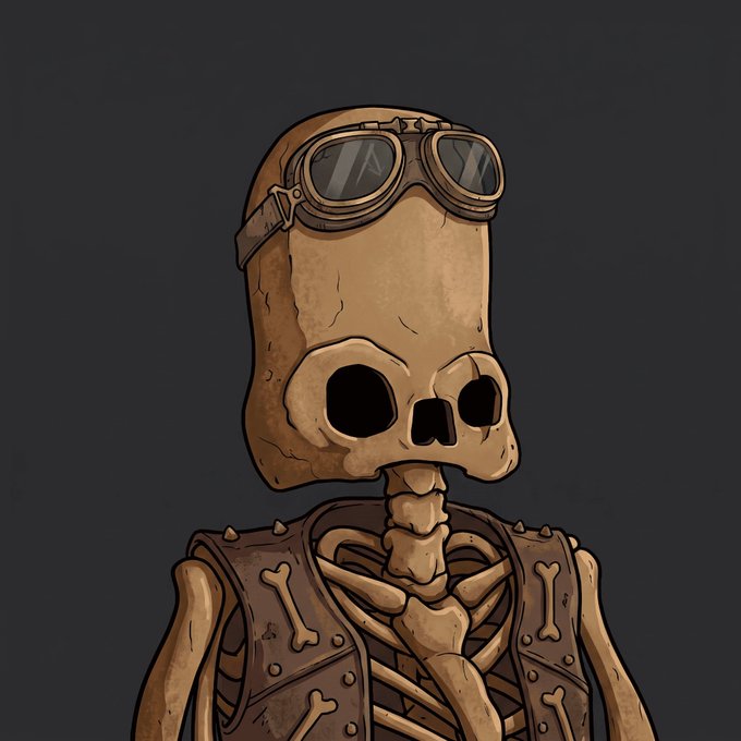 An illustrated cartoon of a skeleton wearing aviator goggles on its forehead and a spiked leather vest, set against a dark gray background.