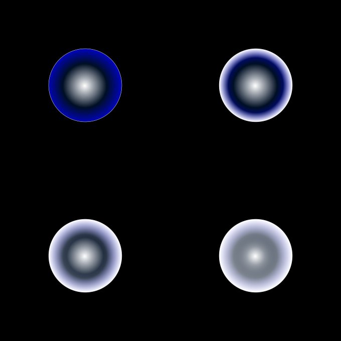 Four spherical objects with glowing centers are arranged in a 2x2 grid on a black background, resembling atoms or atomic orbital models.