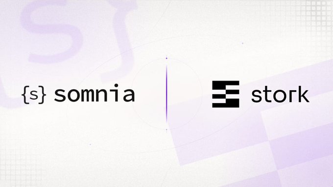 The image shows a promotional graphic featuring the logos of "somnia" (with a phonetic {s} notation) and "stork" (with its layered icon), separated by a vertical line on a light purple background. It serves as a visual header announcing the integration partnership between Somnia and Stork Oracle, likely for an upcoming live broadcast discussion about their collaboration on price feeds for Perpetuals and DeFi.