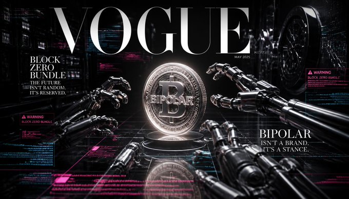 A stylized Vogue magazine cover featuring a Bitcoin coin flanked by robotic hands in a futuristic dark setting. Text reads "VOGUE MAY 2025," "BLOCK ZERO BUNDLE - THE FUTURE ISN'T RANDOM, IT'S RESERVED," and "BIPOLAR ISN'T A BRAND, IT'S A STANCE."