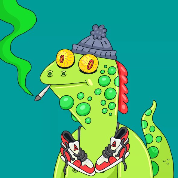 A cartoon illustration of a green chameleon wearing a gray beanie, large yellow swirly eyes, and red and white sneakers, while smoking a cigarette that emits a thick cloud of green smoke.