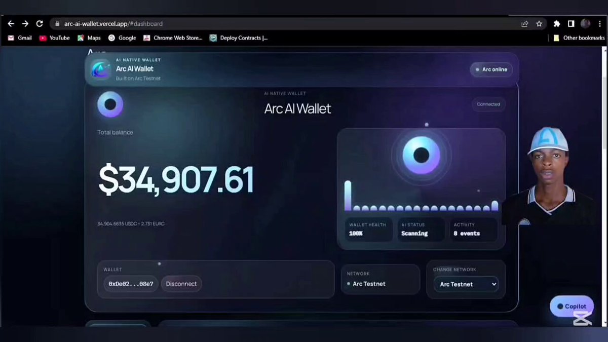 The focus of the image is an Arc AI Wallet screen that features a summary of its built on Arc functionality. The wallet is designed to make on-chain transactions simple, smooth, and seamless for everyday users. It allows users to send and receive cryptocurrency with ease.