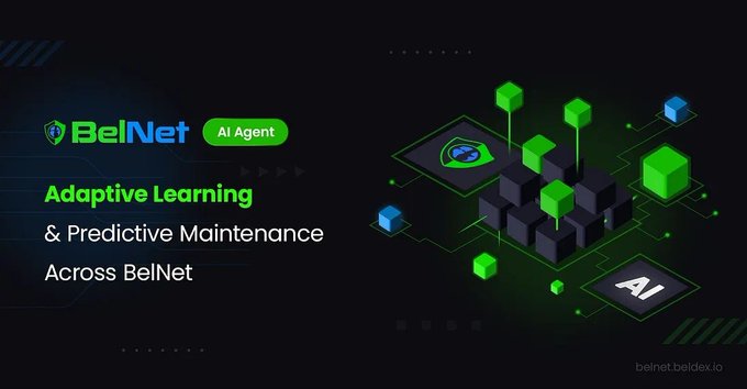 An advertisement banner for 'BelNet AI Agent' promotes 'Adaptive Learning & Predictive Maintenance Across BelNet' alongside an isometric 3D graphic of green and black cubes, with the URL 'belnet.beldex.io' in the corner.