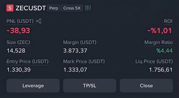 A cryptocurrency trading interface shows an active perpetual ZECUSDT position with 5x cross leverage, currently down $38.93 (-1.01% ROI) with a margin of $3,873.37 and a healthy margin ratio of 4.44%, illustrating the writer's ongoing hold despite the recent pullback after ZEC's run toward $1,400.