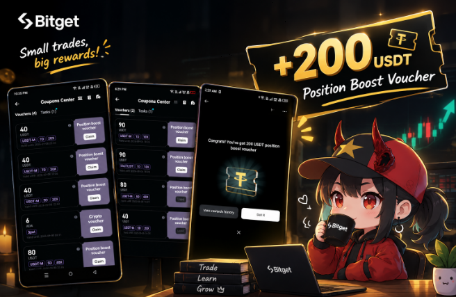 A promotional graphic for Bitget featuring an anime-style character and offering a '+200 USDT Position Boost Voucher' with screenshots of the Coupons Center.