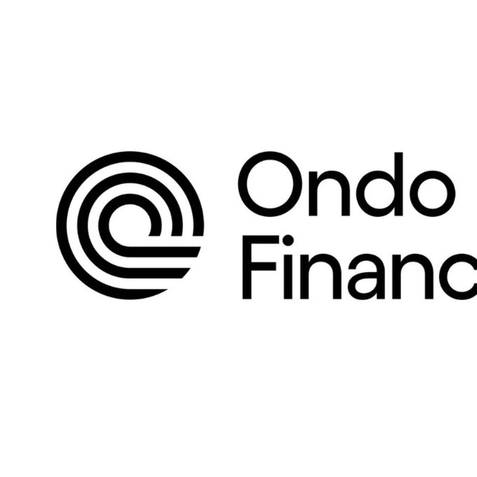 A black and white logo for 'Ondo Finance' featuring a stylized circular emblem with curved lines next to the brand name.