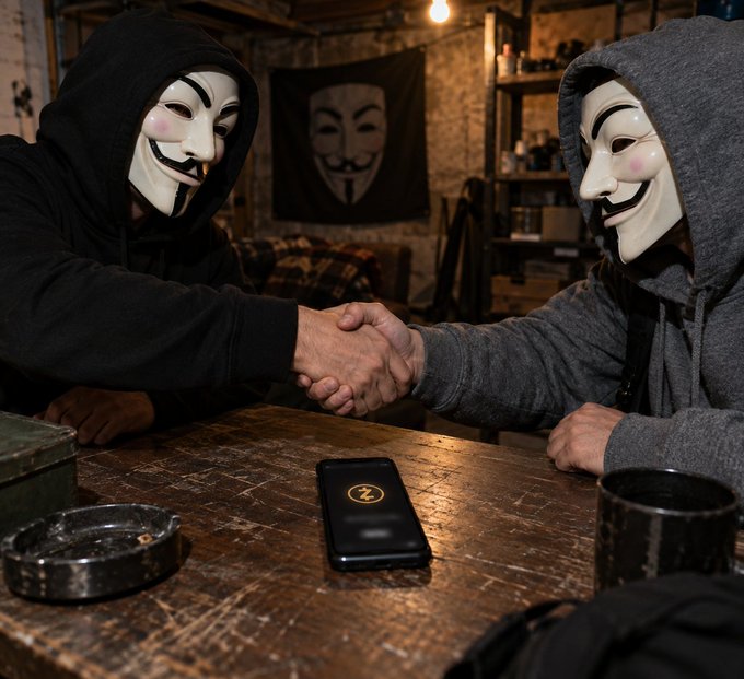 Two individuals wearing Guy Fawkes masks and hoodies shake hands across a wooden table that holds a smartphone displaying a gold 'Z' logo, referencing Zcash cryptocurrency.