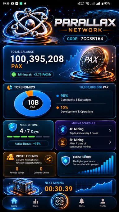 A mobile app screenshot for Parallax Network showing a total balance of 100,395,208 PAX, mining at +2.75 PAX/h, with tokenomics indicating 10B PAX, 4/7 days node uptime, and a referral code 7CC8B164.