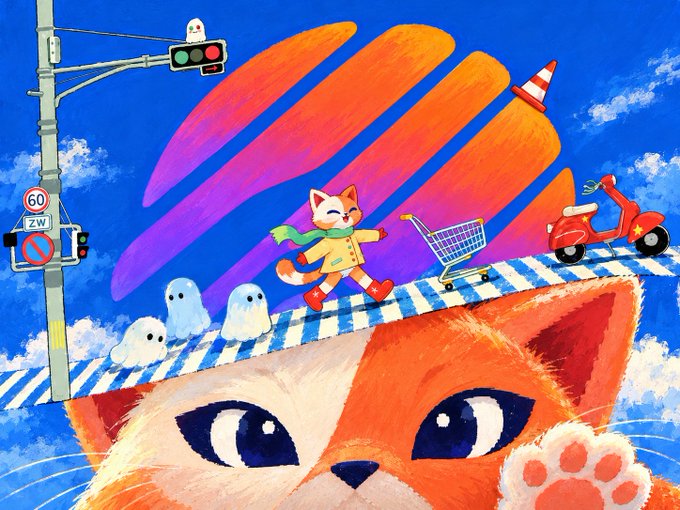 A colorful, whimsical illustration depicts an orange and white cat in a yellow coat walking across a striped path, accompanied by small ghosts, a shopping cart, and a red scooter, with a large cat face below and Japanese-style traffic signals and signs (including "60" and "ZW") on the left.