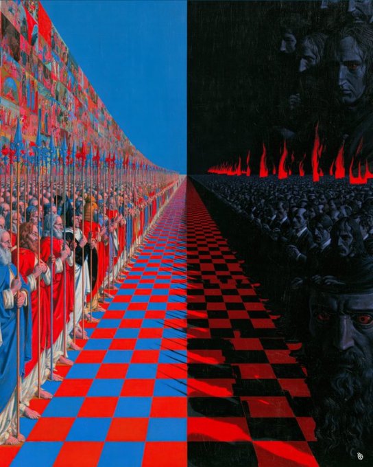 A stylized artwork depicting a stark contrast between two crowds—on the left, a colorful procession of figures under a blue sky on a red and blue checkered floor, and on the right, a dark horde of grim-faced figures under a black sky with red flames.